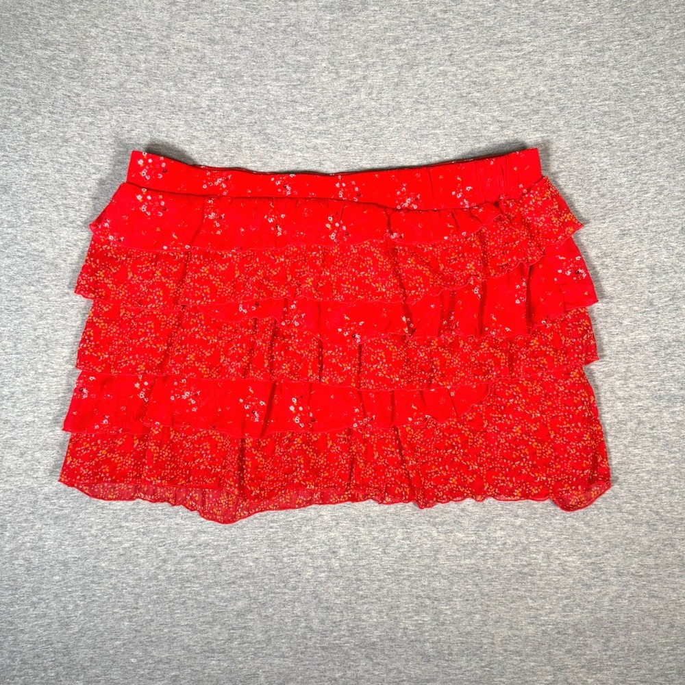 Old Navy Red Floral Tiered Ruffle Mini Skirt Womens Large L Elastic Waist Skort